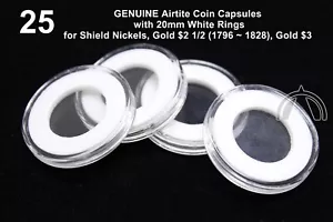 25 Pack Airtite Coin Capsules & 20mm WHITE Rings for Shield Nickel Gold $2 1/2 - Picture 1 of 6