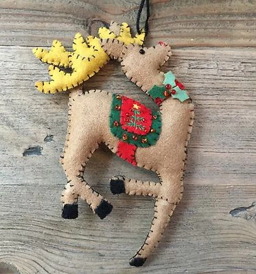Felt Stitched Reindeer Decoration Gisela Graham Christmas Tree Holly Bead Detail