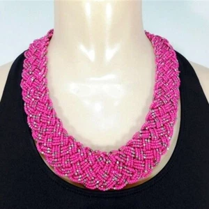 7/2435 Pink and Gold Micro Bead Woven Collar Necklace 24 - Picture 1 of 4