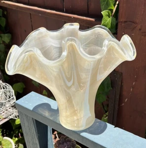 Murano Hand Blown Glass Vase 10" Ruffled Iridescent Italian Art Glass W/ Sticker - Picture 1 of 12