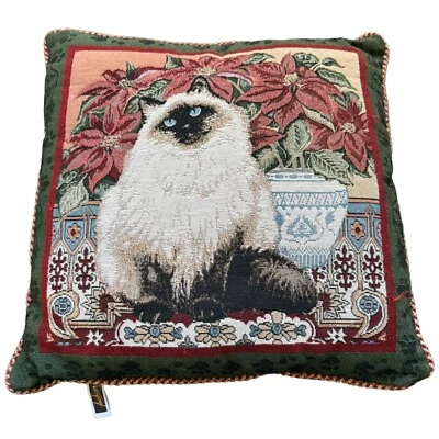 VTG Himalayan Cat Tapestry Needlepoint Pillow Christmas Holiday 16x16 Cottage - Image 1 of 4