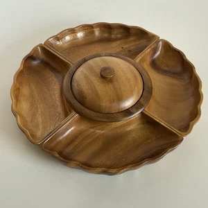 Monkey Pod Wood 6 piece Serving Set with Covered Center Bowl No Lazy Susan VTG - Picture 1 of 24