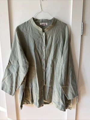 Silhouettes Size 22 Plus Vintage Linen Sage Green Chore Lagenlook Jacket Shirt - Image 1 of 4