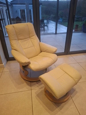 Ekomes Stressless swivel recliner Mayfair chair & footstool in cream leather - Image 1 of 4