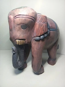 Vintage Wood Carved APM Company Elephant Pastel Painted Thailand 13"Ht Purple - Picture 1 of 8