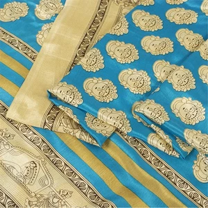 Sanskriti Vintage Blue Sarees Moss Crepe Human Printed 5+Yd Craft Fabric Sari - Picture 1 of 12