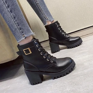 Block Heels Lace Up Zip Ankle Mid Calf Boots Goth Boots - Picture 1 of 9