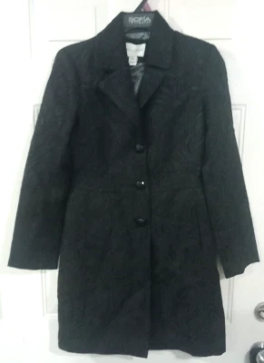 Gabardina White House Black Market negra metálica forrada con ciruela caprichosa XS Foto 1 de 4