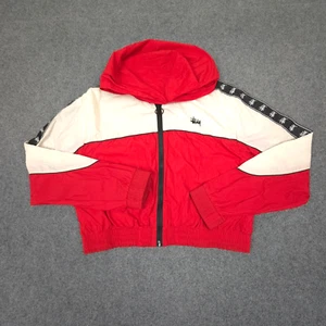 vtg Stussy Jacket Womens 12 Red Long Sleeve Windbreaker cropped Hooded Size 12 - Picture 1 of 9