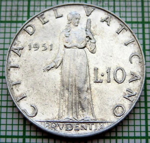 VATICAN PIVS XII 1951 10 LIRE, PRUDENTIA, ALUMINUM, BETTER GRADE - Picture 1 of 4