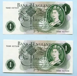 Pair Bank of England One pound £1 Banknotes 1970 Signature J Page Prefix Y68D - Picture 1 of 2