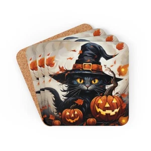 4x Cat Lover Coaster Halloween Spooky Black Cat Kitchen Table Decor Cat Mom Gift - Picture 1 of 7