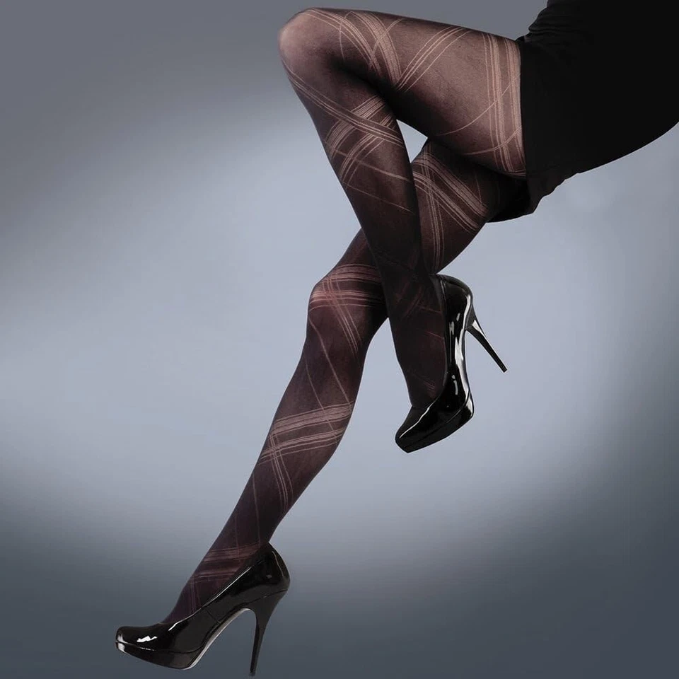 Black Tights Silky Criss Cross Pattern Large Spiral Scarlet Diamond Check