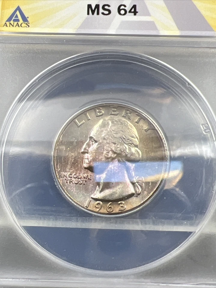 1963 25c Washington Quarter FS-103 DDO MS64 ANACS PQ Rainbow Toned Toner Obverse - Image 1 of 4