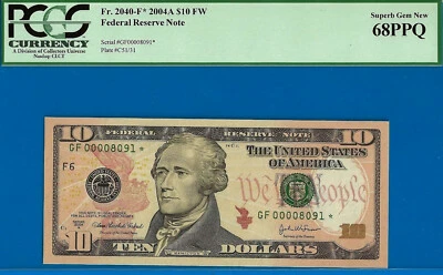 2004A $10 FRN Atlanta star PCGS 68PPQ 2nd finest Fr 2309-F* low serial 00008091* - Image 1 of 3