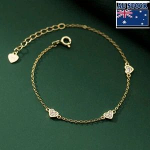 Woman Real s925 Sterling Silver Cute Heart Starry CZ Bracelet Bangle 20.5cm - Picture 1 of 5