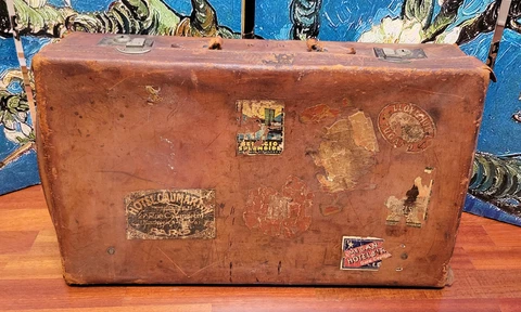 Antique Brown Leather Suitcase Luggage Steamer Trunk Sticker Travel Train Case Cover