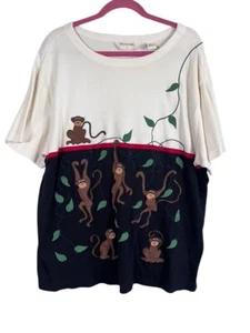 Bechamel Top Women 1X White Monkey Embroidery Safari Novelty Neutral Striped 80s - Picture 1 of 12