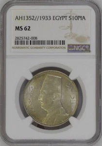 EGYPT , SILVER 10 PIASTRES KING FUAD FOUAD 1933  NGC MS 62 (AL) ,,, RARE - Picture 1 of 2