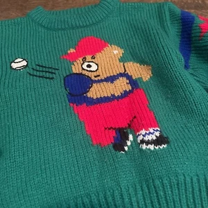 Vintage 90s Kid Class Club Polo Bear Sweater Small 3 4 Baseball Green Sweatshirt - Picture 1 of 7