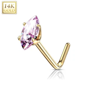 14K Yellow Gold L Bend Nose Stud Rings with Prong Marquise CZ 20G 1/4" - Picture 1 of 9