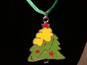 Green, Yellow, & Red Christmas Tree Pendant on Satin Cord Necklace Lobster Clasp - Picture 1 of 4