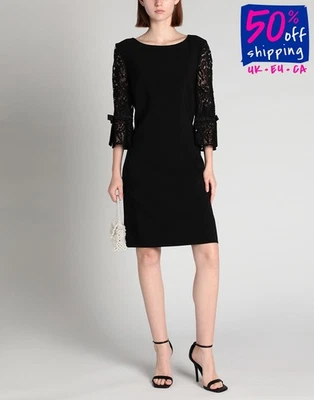 RRP €491 LINEA RAFFAELLI Crepe Short Dress IT42 US6 UK10 M Black Lace 3/4 Sleeve - image 1 of 4