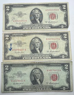 1953 A x 3 Red Seal $2 Two Dollar Bill - 2 Dollar Cull Notes - Banknote - Image 1 of 2