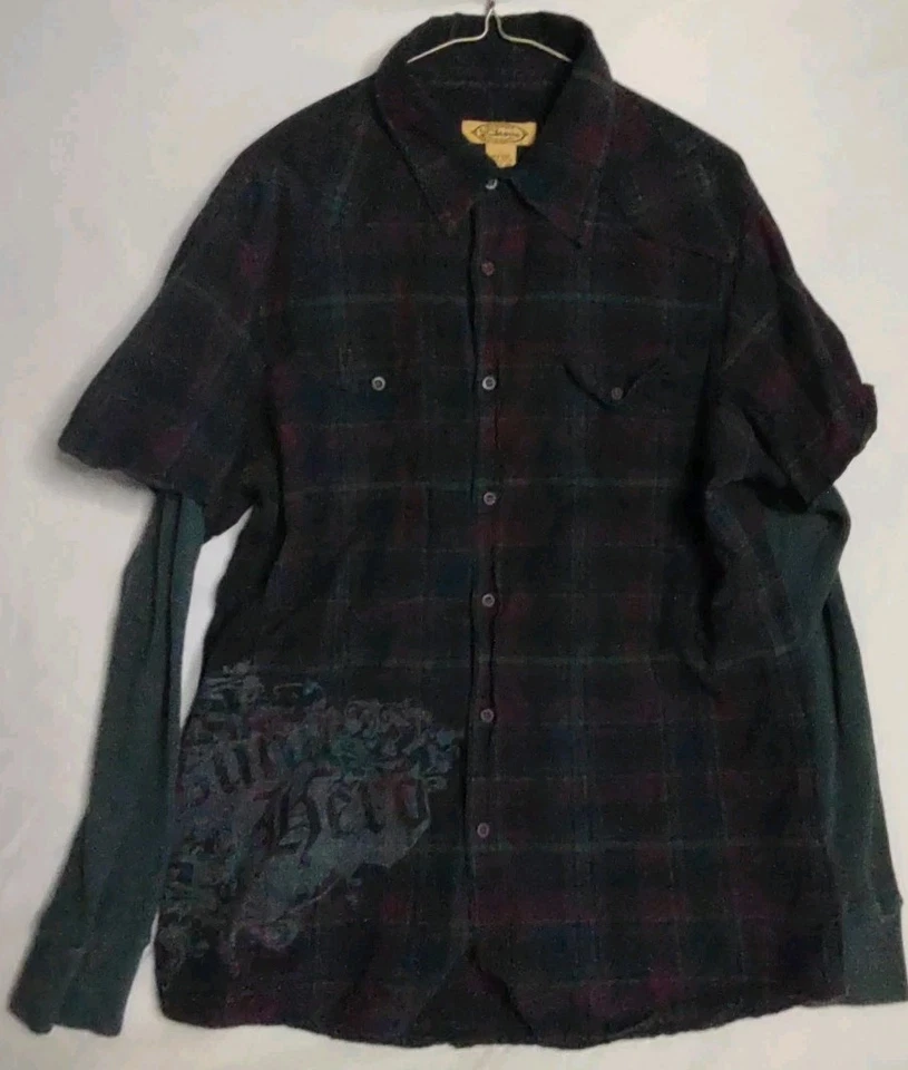 Camisa Y Cromo Abotonada Manga Larga Franela En Capas Para Hombre’s L Y2K Patinador Gráfico  Foto 1 de 4