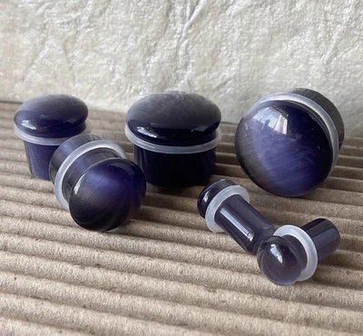 PAIR Violet Cat Eye Stone Plugs Single Flare Tunnels Earlets Gauges Body Jewelry - Image 1 of 4