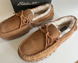 $80 Eddie Bauer Fur Faux Sand Brown Suede Slippers Shoes Man size 11 NEW - Picture 1 of 13