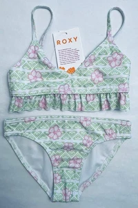 NWT Girls ROXY 5 lime Green Pink 2pc Bikini ruffle Swimsuit Bathing Suit $55 - Picture 1 of 6