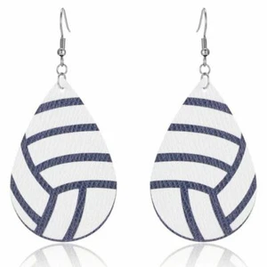 Teardrop Faux Leather White Gray Volleyball Print Hoop Drop Dangle Earrings. - Picture 1 of 1