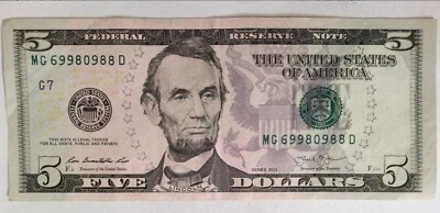 Trip Repeater Fancy FRN $5 MC09986998D - Crisp - Great Serial Number! FLIPPER! - Image 1 of 4