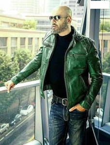 Diamond Classic Green Biker Quilted Motorcycle Men Riding Retro Leather Jacket - Picture 1 of 3