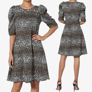 TheMogan Leopard Print Puff Short Sleeve Soft & Stretch Fit and Flare Dress - Picture 1 of 14