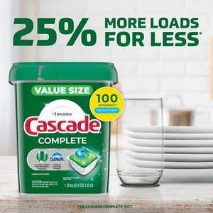 Cascade Complete Dishwasher Pods, Action Pacs Detergent Tabs, Fresh, 100 Count - Picture 1 of 9