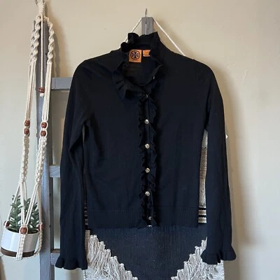 Tory Burch Mujer Volantes Manga Larga Cárdigan Suéter Lana Cachemira S Negro Foto 1 de 4