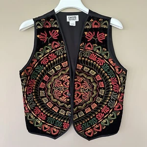 Vintage Chicos Women M Black Velvet Fall Vest Embroidered Orange Earthy Cottage - Picture 1 of 7