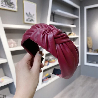 Diadema ancha nudo superior de cuero PU para mujeres aro para el cabello color puro accesorios para el cabello * Foto 1 de 4
