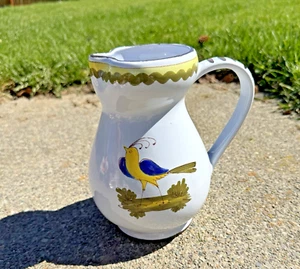 Cantagalli Firenze Ceramic Pitcher Vase Birds And Vines Striped Handle Italy - Picture 1 of 7