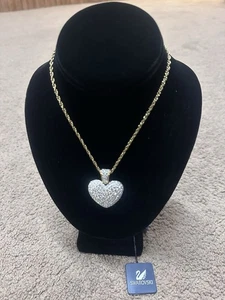 Retired 34” Swarovski Swan Pave Crystal Gold-plated Puffy Heart Necklace NEW - Picture 1 of 10
