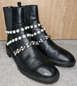 Zara Pearl Strap Low Heeled Boots Size 40 US 8.5 - Picture 1 of 7