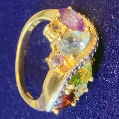 Anillo Multi Piedras Preciosas Placa Oro 14K Sobre Plata de Ley PAJ .925. Talla 7 - Foto 1 de 4