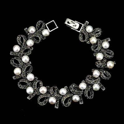 925 Sterling Silver Bracelet Round Pearl 5mm Marcasite Gemstone Jewelry 7 Inches - Image 1 of 4