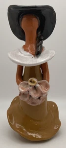 Faceless Terracotta Lady In Brown Ruffled Dress Flower Bouquet Pottery Figure 7" - Picture 1 of 6