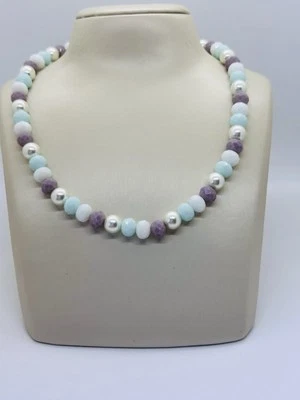 Perlenkette 8mm Creme Perlen Türkis Pastell Flieder - Bild 1 von 4