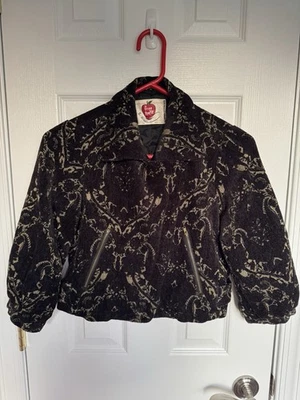 Free People Brocade Tapestry Lined Cropped Moto Jacket Black/Gold Size 2 - Image 1 of 4