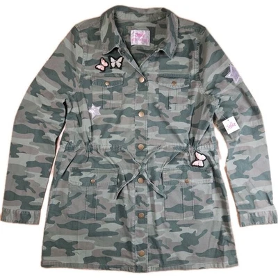 Justice Jacket Girls Size 16 / 18 Plus Camo Green Butterfly Star Patches Pockets - Image 1 of 4