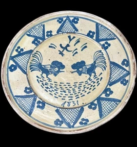 19th Century Fajalauza Granada Pottery Plate Blue White Rooster Antique 1831 - Picture 1 of 10